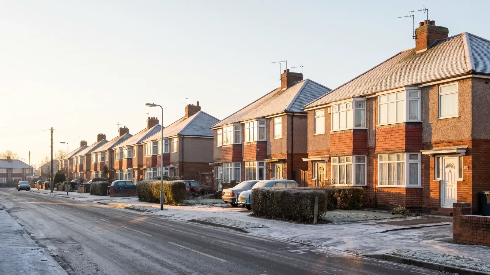 Row of 1930s semi-detached houses in an English town, a common home for insulation grants in England