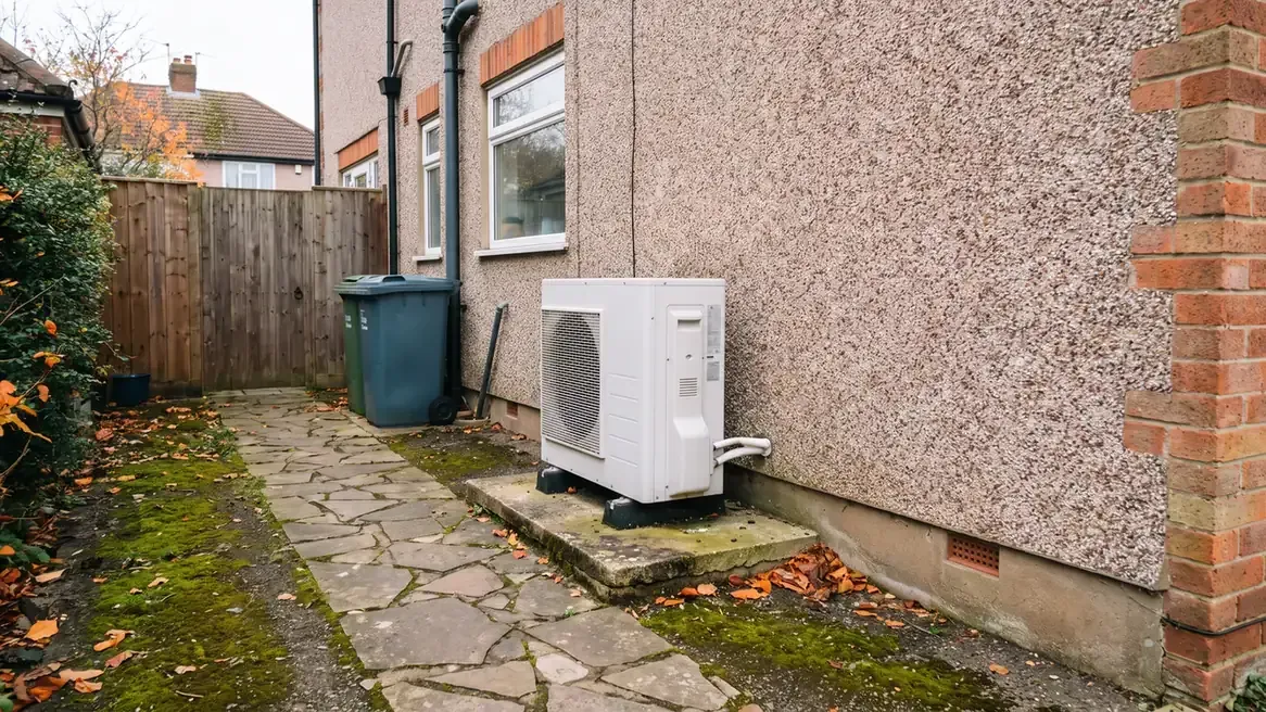 Air source heat pump fitted on the side wall of a semi-detached house in England