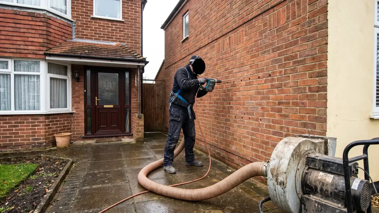 Installer drilling a brick wall to blow in cavity wall insulation