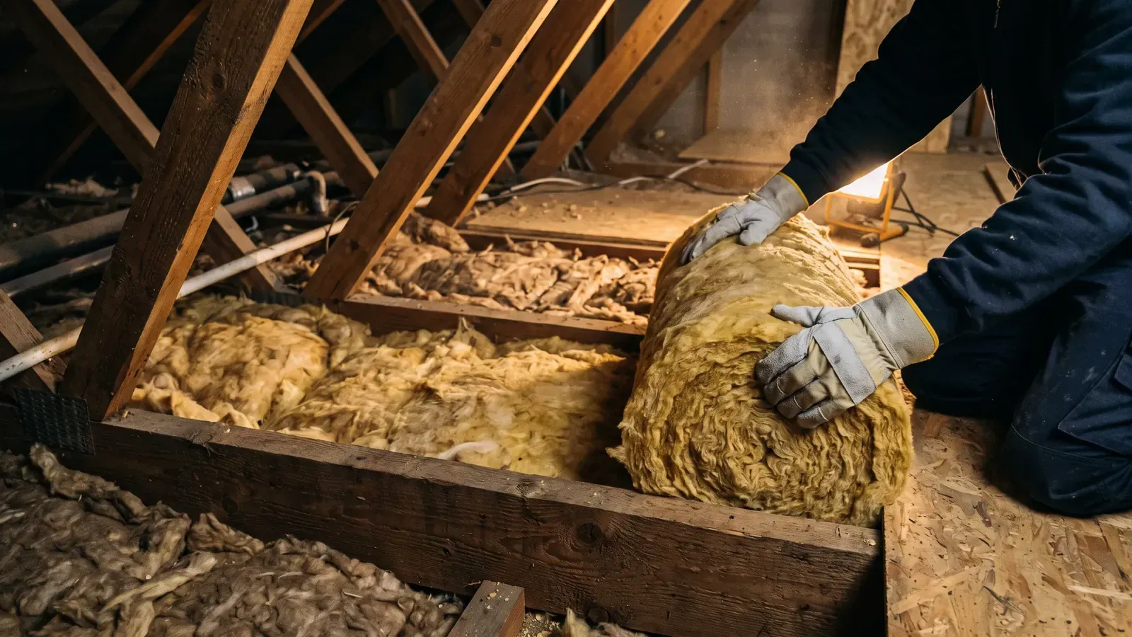 Installer rolling out loft insulation in a UK home, work that UK insulation grants pay for