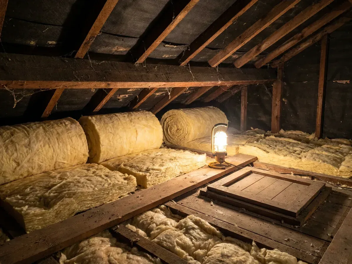 Fresh mineral wool loft insulation laid between the joists of a UK loft